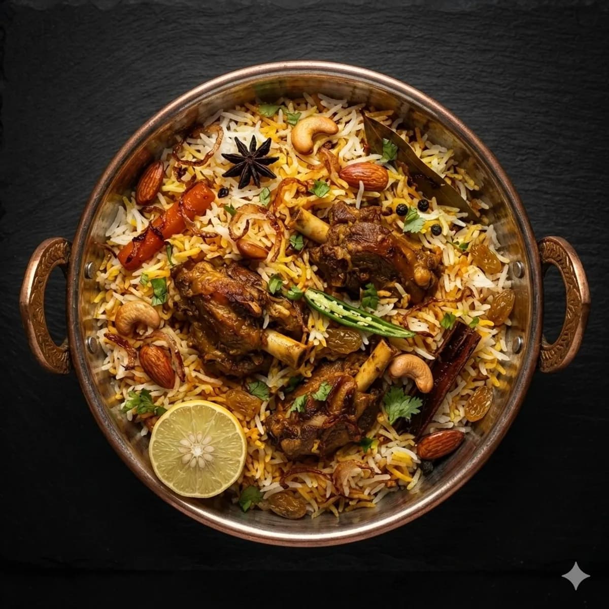 Goat dum biryani in a brass handi